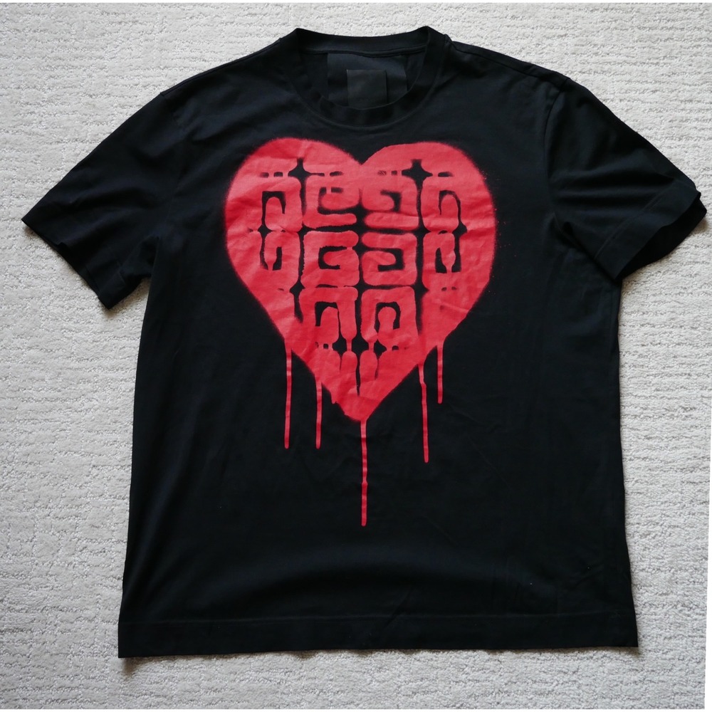 Givenchy Men XXL Black Red Drippin Heart 4G Logo Graphic T-Shirt Slim BM716G3Y6B